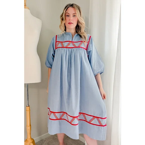 70s Blue Krist Gudnason for Rainbow Trim Cotton 1970s Vintage Midi Shift Dress - Picture 7 of 15